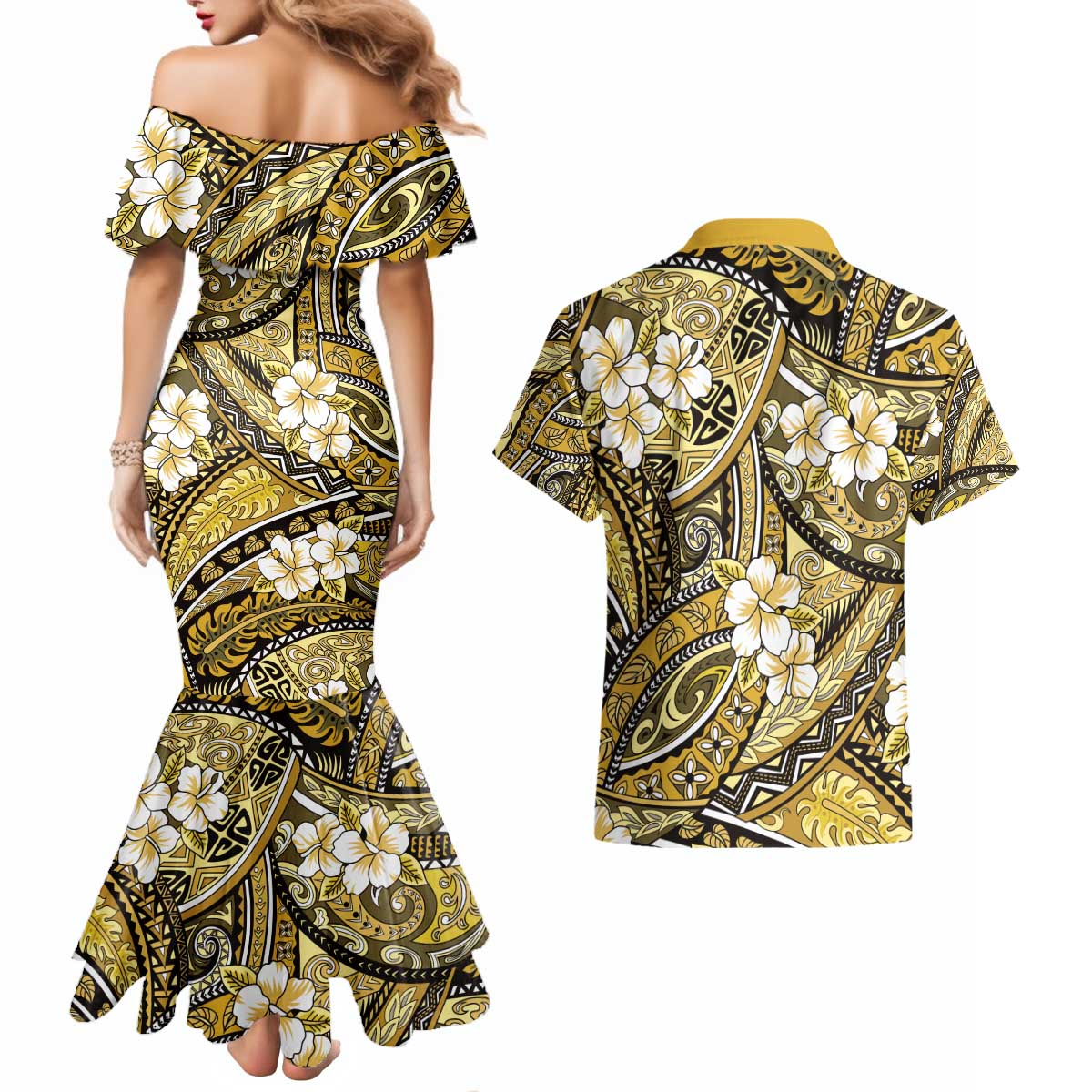 Polynesian Hibiscus Tropical Yellow Floral Couples Matching Mermaid Dress and Hawaiian Shirt Tribal Pattern LT01 - Polynesian Pride