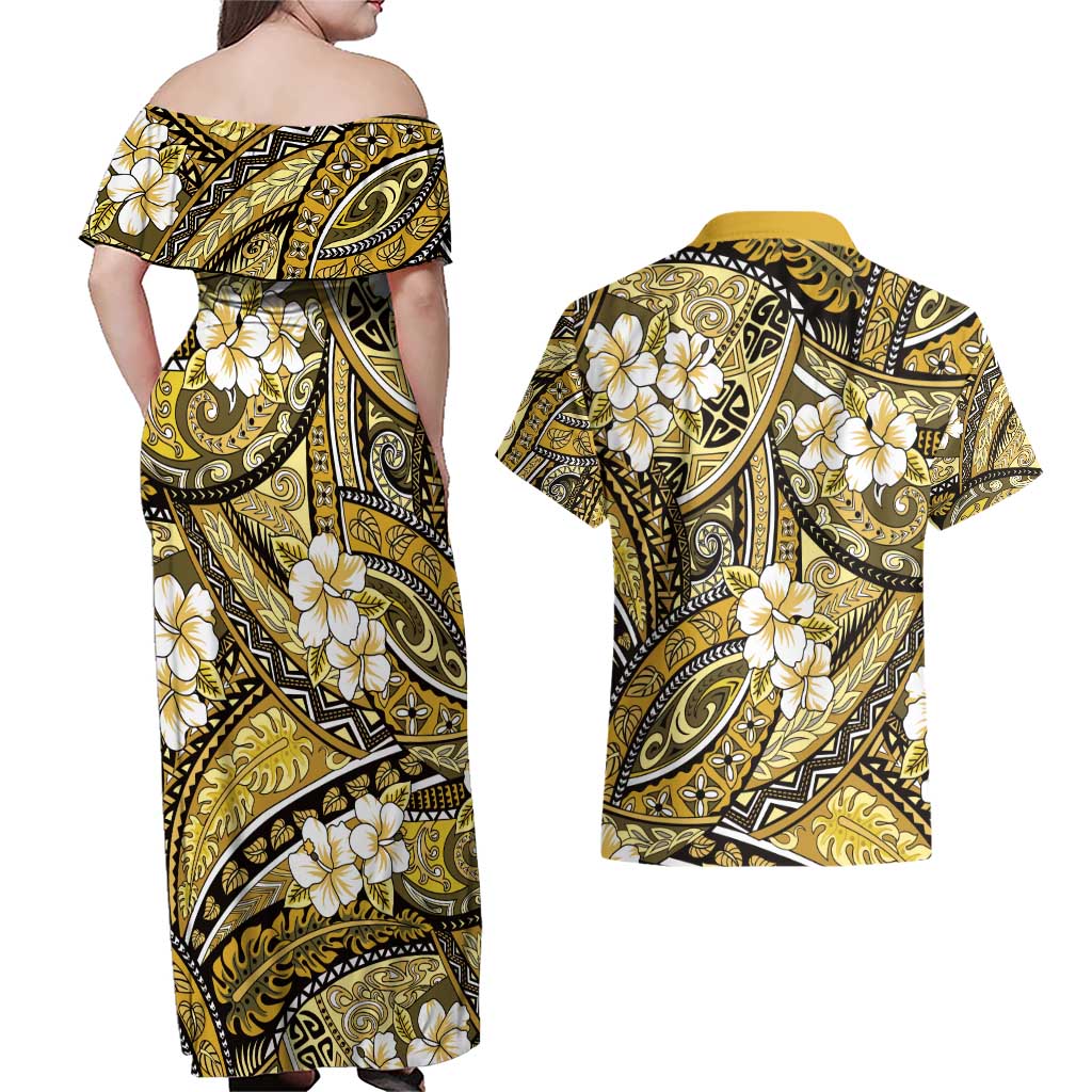 Polynesian Hibiscus Tropical Yellow Floral Couples Matching Off Shoulder Maxi Dress and Hawaiian Shirt Tribal Pattern LT01 - Polynesian Pride