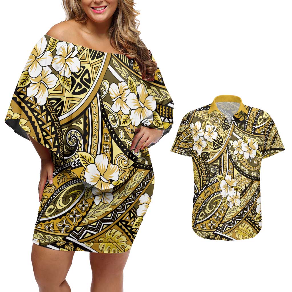 Polynesian Hibiscus Tropical Yellow Floral Couples Matching Off Shoulder Short Dress and Hawaiian Shirt Tribal Pattern LT01 Yellow - Polynesian Pride
