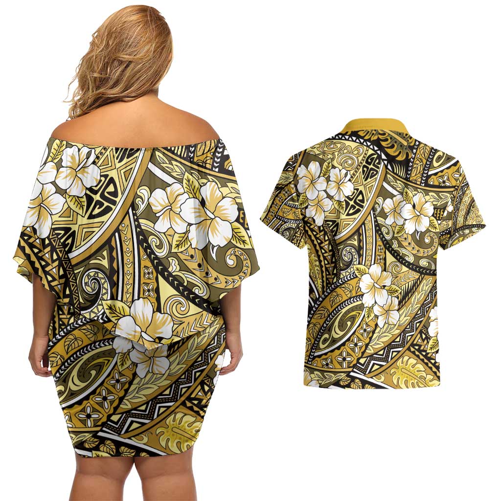 Polynesian Hibiscus Tropical Yellow Floral Couples Matching Off Shoulder Short Dress and Hawaiian Shirt Tribal Pattern LT01 - Polynesian Pride