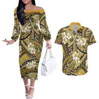 Polynesian Hibiscus Tropical Yellow Floral Couples Matching Off The Shoulder Long Sleeve Dress and Hawaiian Shirt Tribal Pattern LT01 Yellow - Polynesian Pride