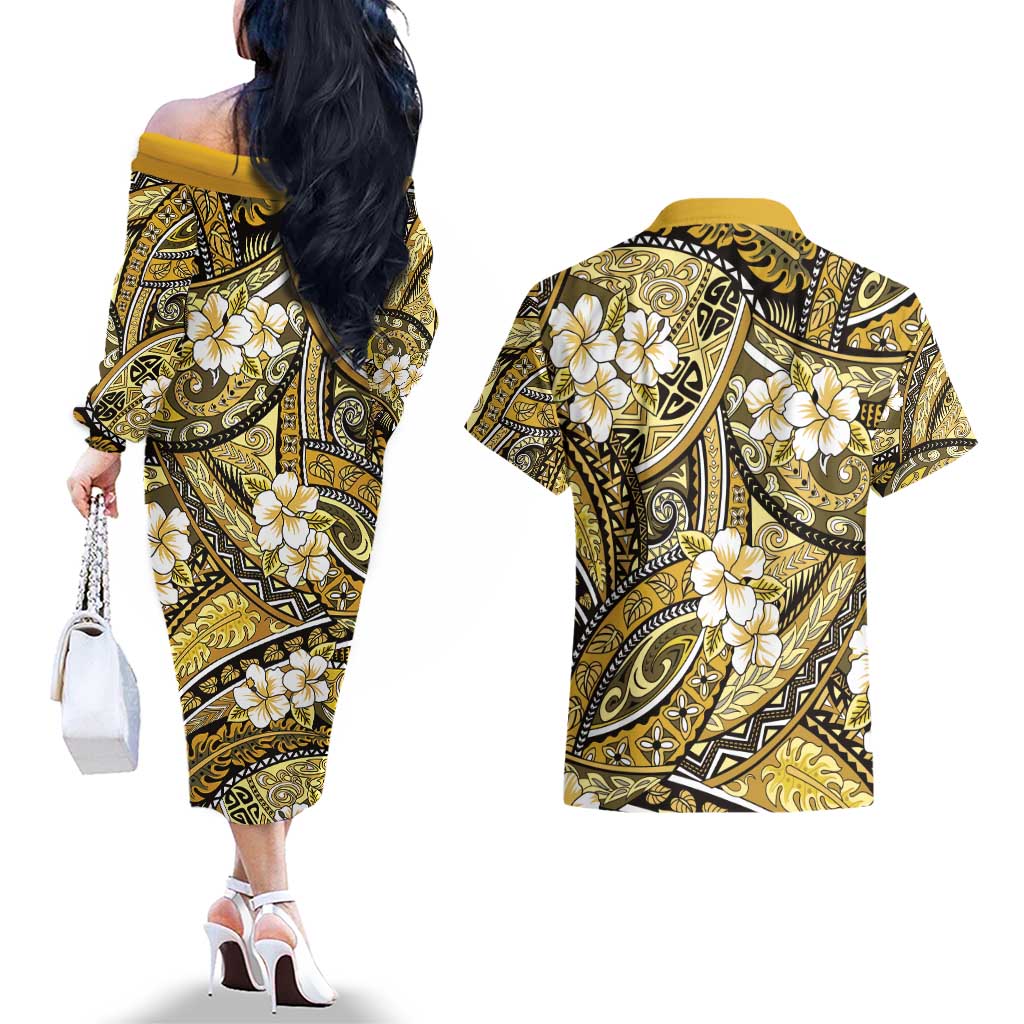 Polynesian Hibiscus Tropical Yellow Floral Couples Matching Off The Shoulder Long Sleeve Dress and Hawaiian Shirt Tribal Pattern LT01 - Polynesian Pride