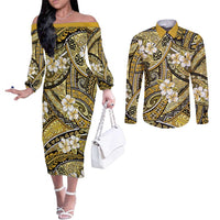 Polynesian Hibiscus Tropical Yellow Floral Couples Matching Off The Shoulder Long Sleeve Dress and Long Sleeve Button Shirt Tribal Pattern LT01 Yellow - Polynesian Pride