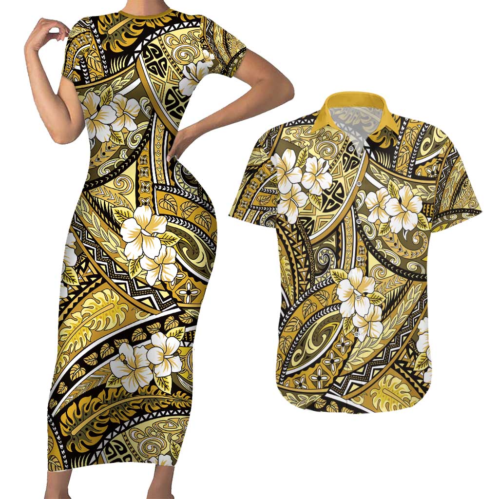 Polynesian Hibiscus Tropical Yellow Floral Couples Matching Short Sleeve Bodycon Dress and Hawaiian Shirt Tribal Pattern LT01 Yellow - Polynesian Pride