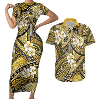 Polynesian Hibiscus Tropical Yellow Floral Couples Matching Short Sleeve Bodycon Dress and Hawaiian Shirt Tribal Pattern LT01 Yellow - Polynesian Pride
