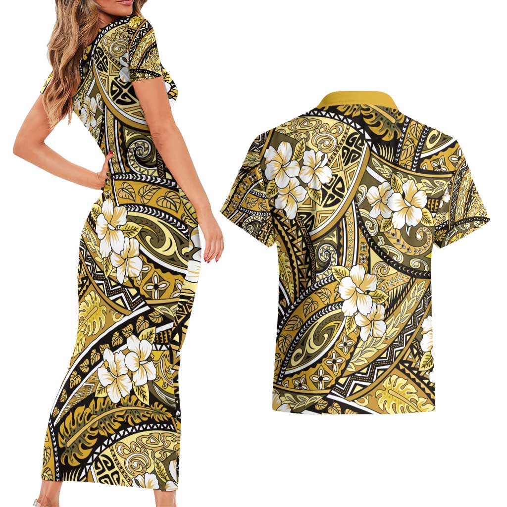 Polynesian Hibiscus Tropical Yellow Floral Couples Matching Short Sleeve Bodycon Dress and Hawaiian Shirt Tribal Pattern LT01 - Polynesian Pride