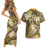 Polynesian Hibiscus Tropical Yellow Floral Couples Matching Short Sleeve Bodycon Dress and Hawaiian Shirt Tribal Pattern LT01 - Polynesian Pride