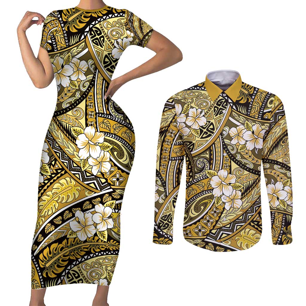 Polynesian Hibiscus Tropical Yellow Floral Couples Matching Short Sleeve Bodycon Dress and Long Sleeve Button Shirt Tribal Pattern LT01 Yellow - Polynesian Pride