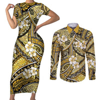 Polynesian Hibiscus Tropical Yellow Floral Couples Matching Short Sleeve Bodycon Dress and Long Sleeve Button Shirt Tribal Pattern LT01 Yellow - Polynesian Pride