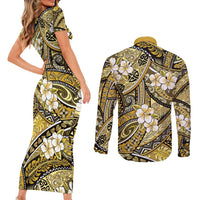 Polynesian Hibiscus Tropical Yellow Floral Couples Matching Short Sleeve Bodycon Dress and Long Sleeve Button Shirt Tribal Pattern LT01 - Polynesian Pride