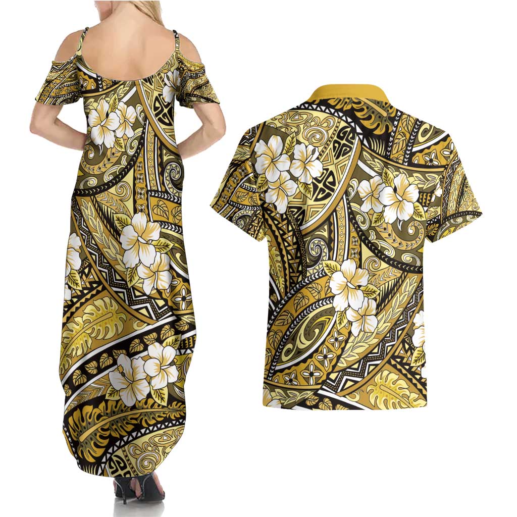 Polynesian Hibiscus Tropical Yellow Floral Couples Matching Summer Maxi Dress and Hawaiian Shirt Tribal Pattern LT01 - Polynesian Pride