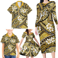 Polynesian Hibiscus Tropical Yellow Floral Family Matching Long Sleeve Bodycon Dress and Hawaiian Shirt Tribal Pattern LT01 - Polynesian Pride