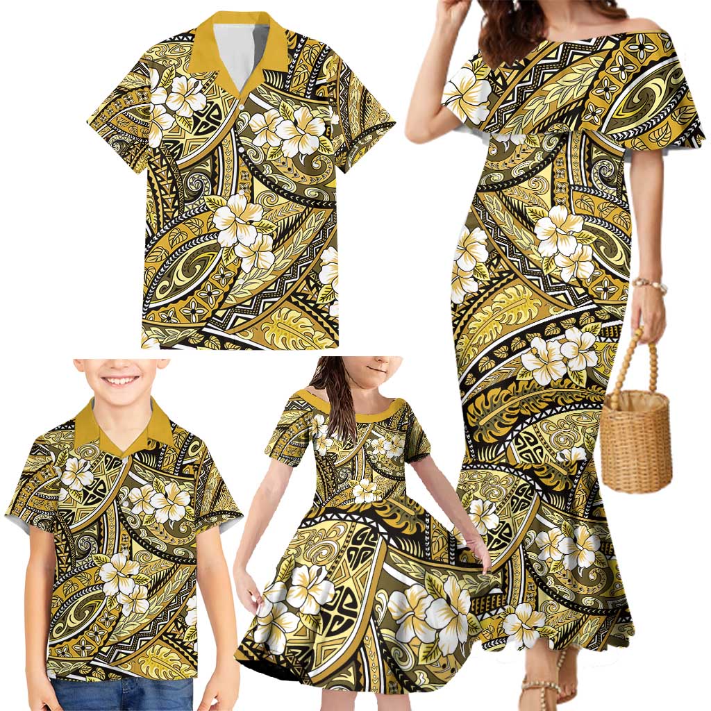 Polynesian Hibiscus Tropical Yellow Floral Family Matching Mermaid Dress and Hawaiian Shirt Tribal Pattern LT01 - Polynesian Pride