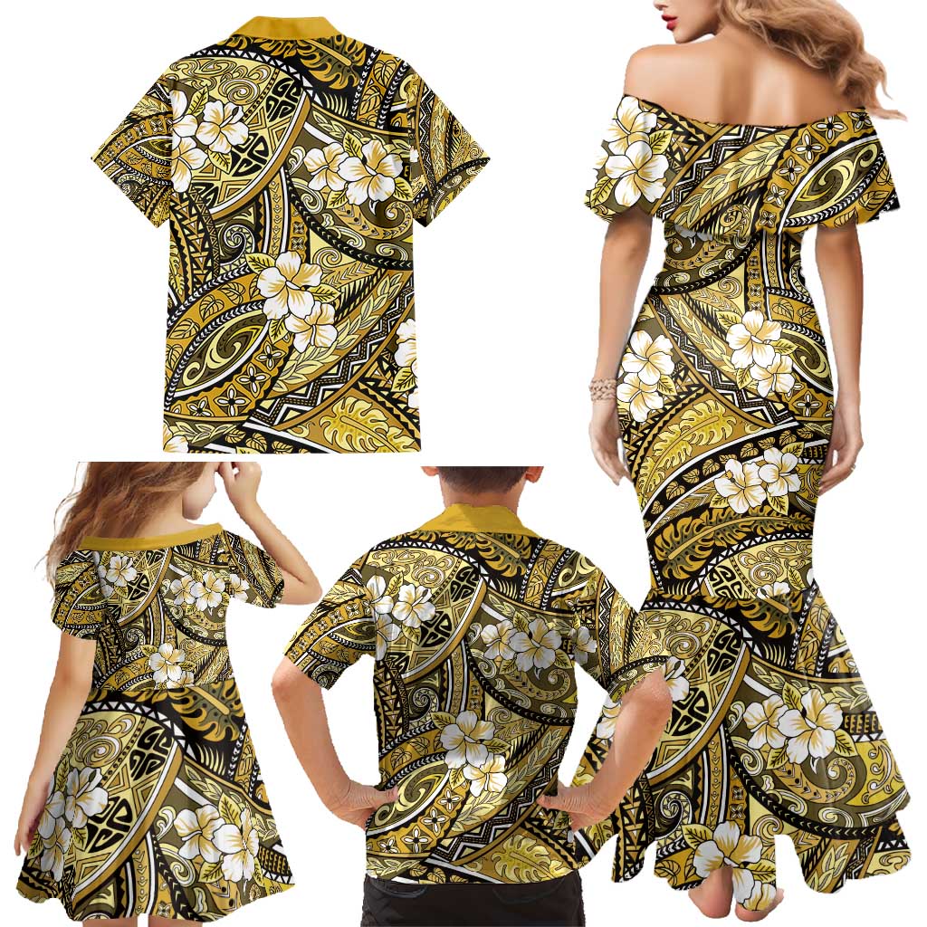 Polynesian Hibiscus Tropical Yellow Floral Family Matching Mermaid Dress and Hawaiian Shirt Tribal Pattern LT01 - Polynesian Pride