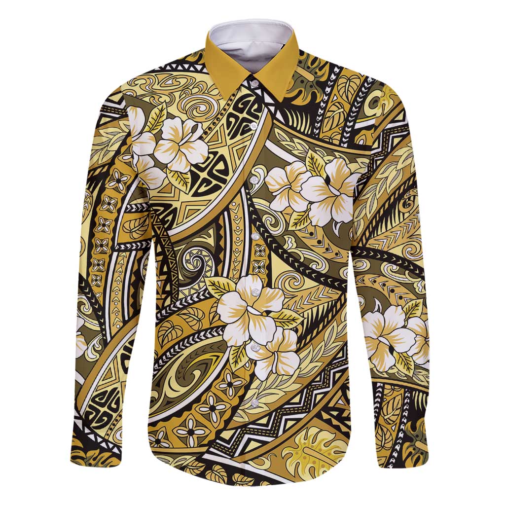 Polynesian Hibiscus Tropical Yellow Floral Family Matching Mermaid Dress and Hawaiian Shirt Tribal Pattern LT01 Dad's Shirt - Long Sleeve Yellow - Polynesian Pride