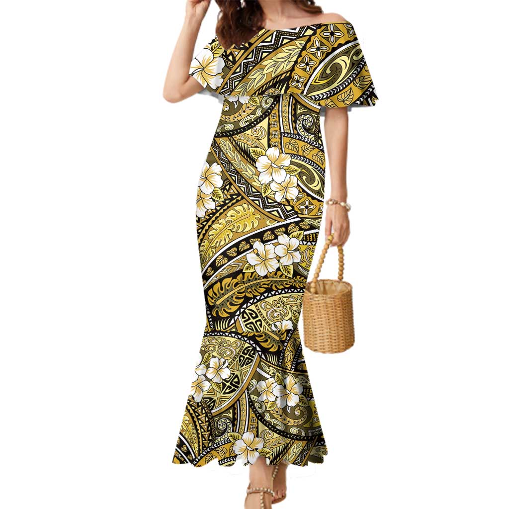 Polynesian Hibiscus Tropical Yellow Floral Family Matching Mermaid Dress and Hawaiian Shirt Tribal Pattern LT01 Mom's Dress Yellow - Polynesian Pride