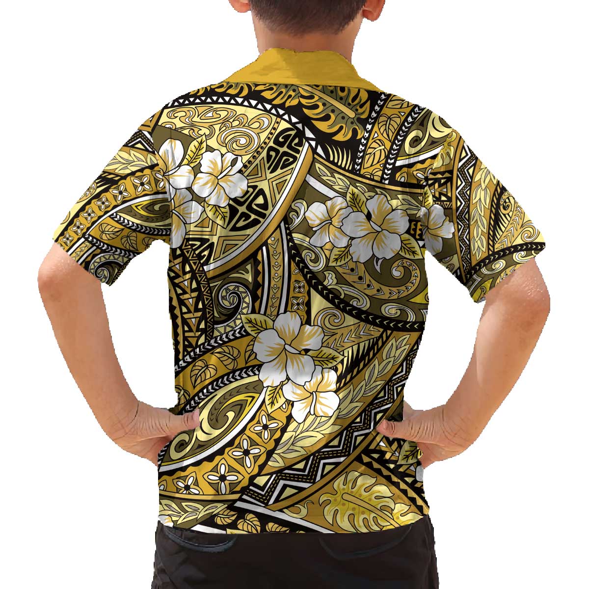 Polynesian Hibiscus Tropical Yellow Floral Family Matching Off The Shoulder Long Sleeve Dress and Hawaiian Shirt Tribal Pattern LT01 - Polynesian Pride