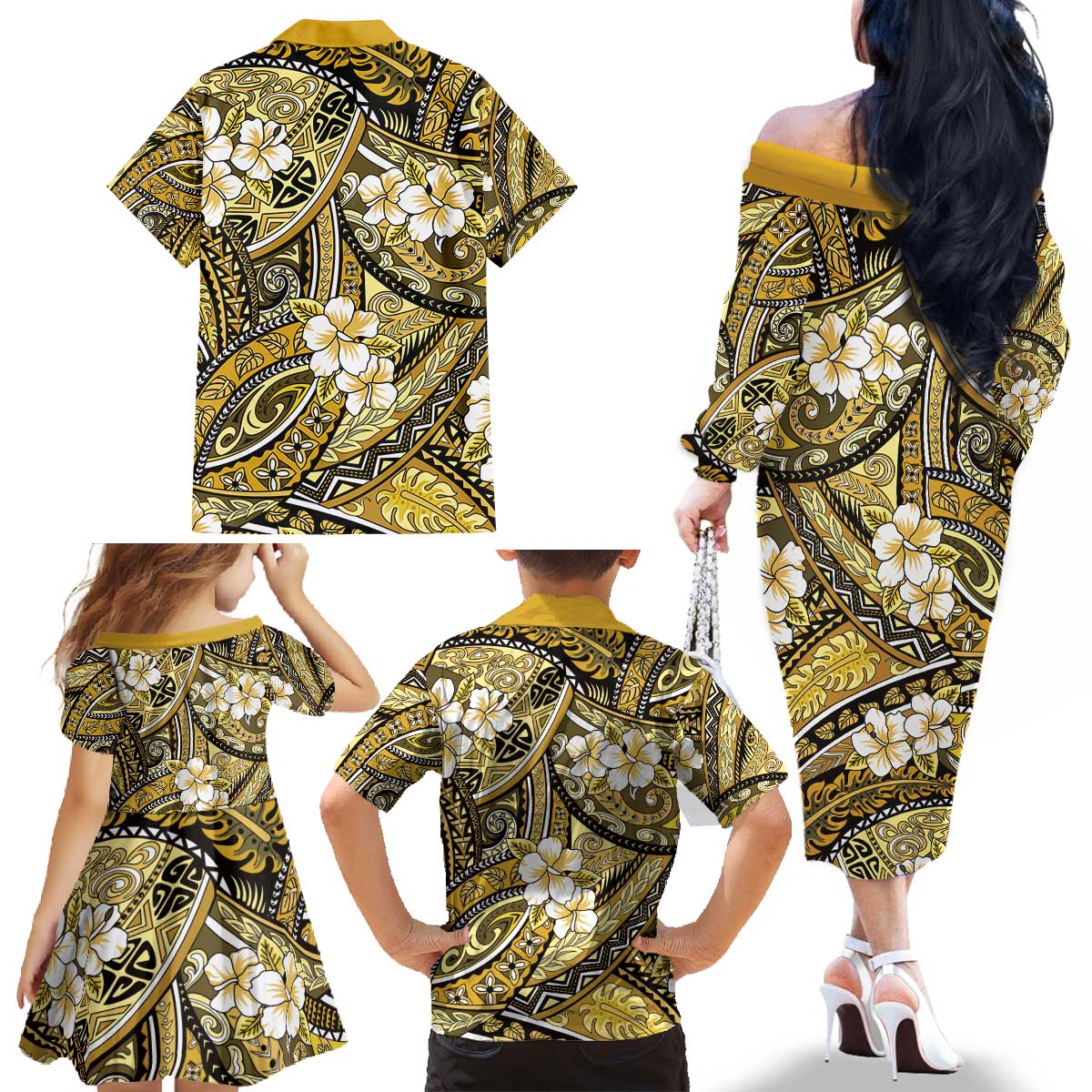 Polynesian Hibiscus Tropical Yellow Floral Family Matching Off The Shoulder Long Sleeve Dress and Hawaiian Shirt Tribal Pattern LT01 - Polynesian Pride