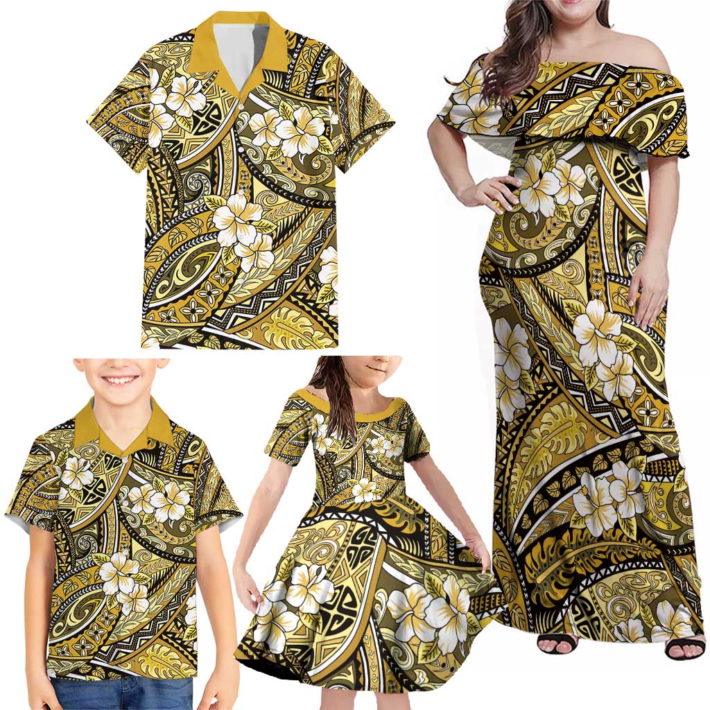 Polynesian Hibiscus Tropical Yellow Floral Family Matching Off Shoulder Maxi Dress and Hawaiian Shirt Tribal Pattern LT01 - Polynesian Pride
