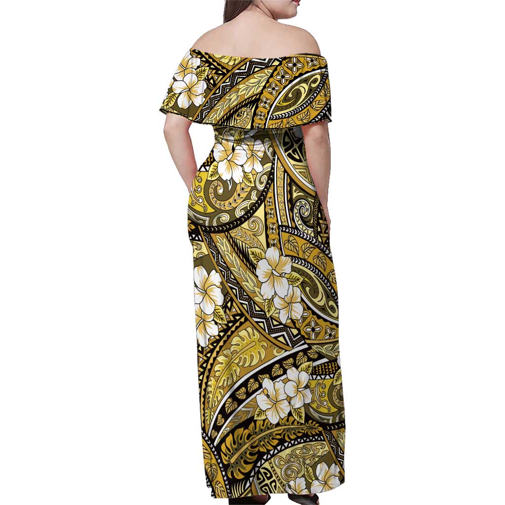 Polynesian Hibiscus Tropical Yellow Floral Family Matching Off Shoulder Maxi Dress and Hawaiian Shirt Tribal Pattern LT01 - Polynesian Pride