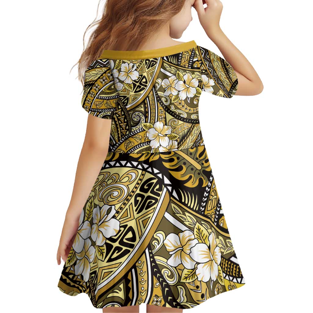 Polynesian Hibiscus Tropical Yellow Floral Family Matching Off Shoulder Short Dress and Hawaiian Shirt Tribal Pattern LT01 - Polynesian Pride