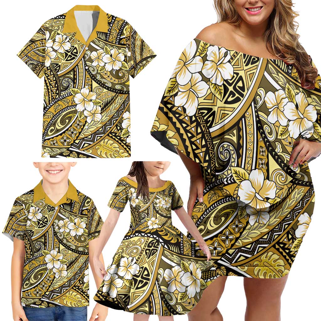 Polynesian Hibiscus Tropical Yellow Floral Family Matching Off Shoulder Short Dress and Hawaiian Shirt Tribal Pattern LT01 - Polynesian Pride
