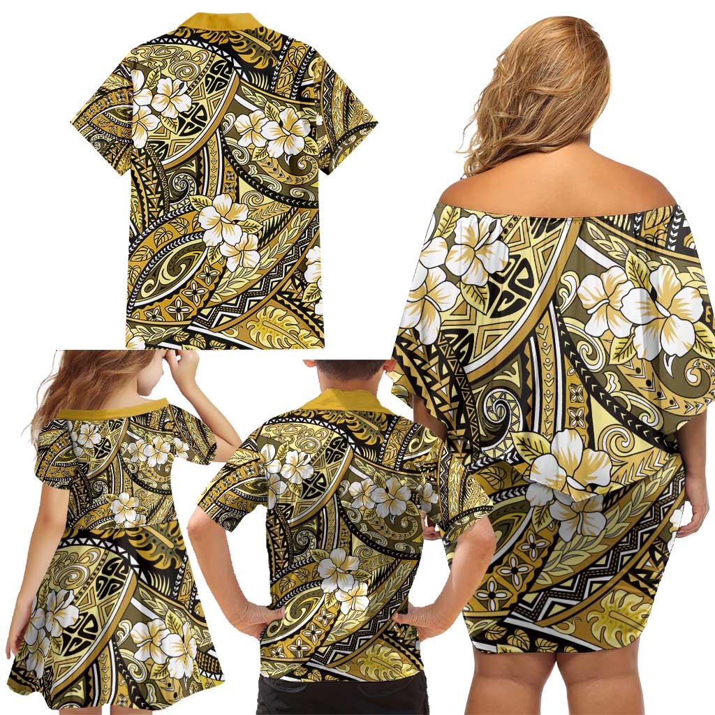 Polynesian Hibiscus Tropical Yellow Floral Family Matching Off Shoulder Short Dress and Hawaiian Shirt Tribal Pattern LT01 - Polynesian Pride