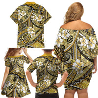 Polynesian Hibiscus Tropical Yellow Floral Family Matching Off Shoulder Short Dress and Hawaiian Shirt Tribal Pattern LT01 - Polynesian Pride