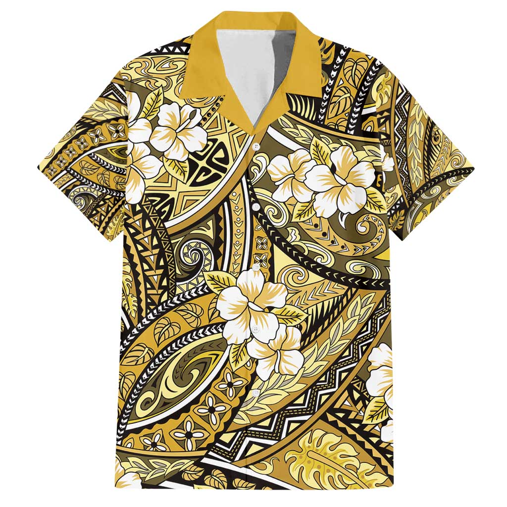 Polynesian Hibiscus Tropical Yellow Floral Family Matching Off Shoulder Short Dress and Hawaiian Shirt Tribal Pattern LT01 Dad's Shirt - Short Sleeve Yellow - Polynesian Pride