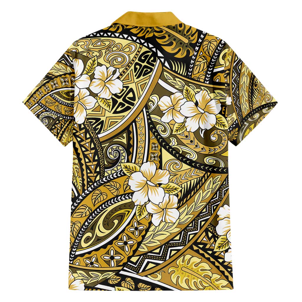Polynesian Hibiscus Tropical Yellow Floral Family Matching Off Shoulder Short Dress and Hawaiian Shirt Tribal Pattern LT01 - Polynesian Pride