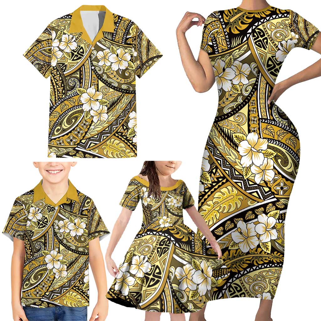 Polynesian Hibiscus Tropical Yellow Floral Family Matching Short Sleeve Bodycon Dress and Hawaiian Shirt Tribal Pattern LT01 - Polynesian Pride