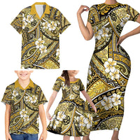Polynesian Hibiscus Tropical Yellow Floral Family Matching Short Sleeve Bodycon Dress and Hawaiian Shirt Tribal Pattern LT01 - Polynesian Pride