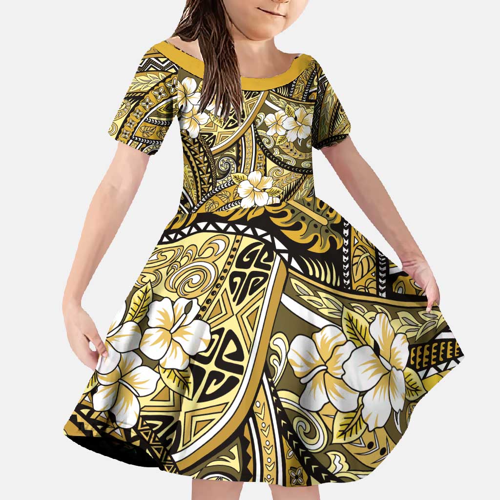 Polynesian Hibiscus Tropical Yellow Floral Family Matching Summer Maxi Dress and Hawaiian Shirt Tribal Pattern LT01 Daughter's Dress Yellow - Polynesian Pride