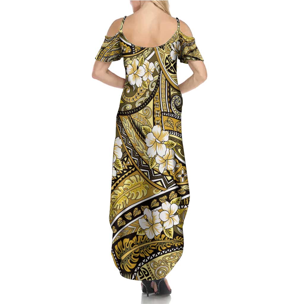 Polynesian Hibiscus Tropical Yellow Floral Family Matching Summer Maxi Dress and Hawaiian Shirt Tribal Pattern LT01 - Polynesian Pride