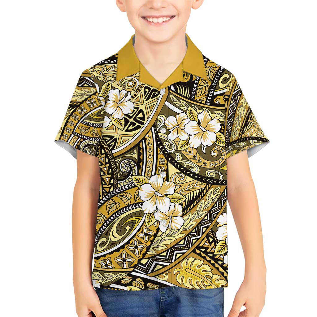 Polynesian Hibiscus Tropical Yellow Floral Family Matching Summer Maxi Dress and Hawaiian Shirt Tribal Pattern LT01 Son's Shirt Yellow - Polynesian Pride