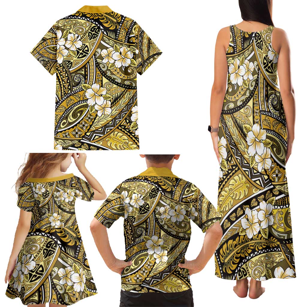 Polynesian Hibiscus Tropical Yellow Floral Family Matching Tank Maxi Dress and Hawaiian Shirt Tribal Pattern LT01 - Polynesian Pride