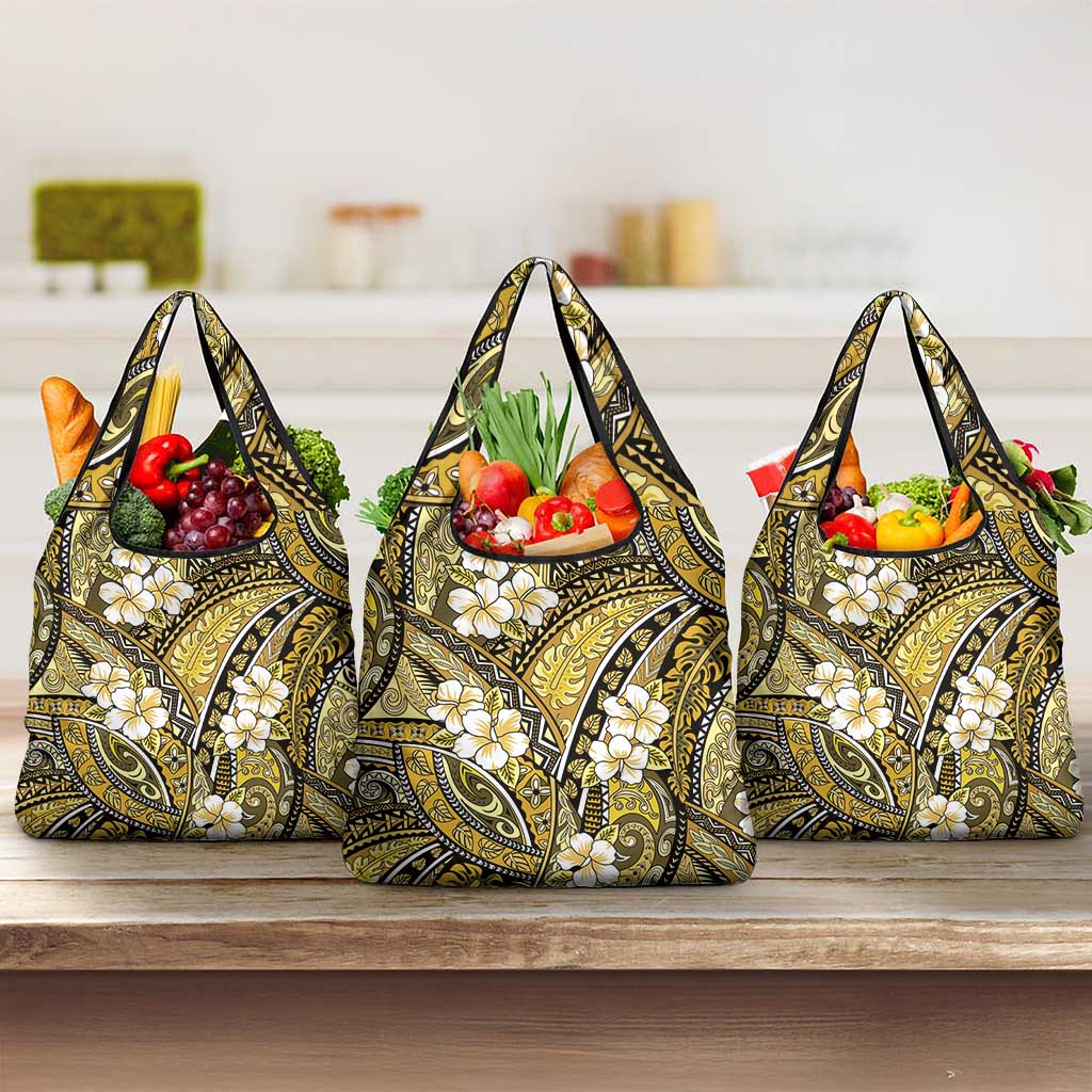 Polynesian Hibiscus Tropical Yellow Floral Grocery Bag Tribal Pattern - Polynesian Pride
