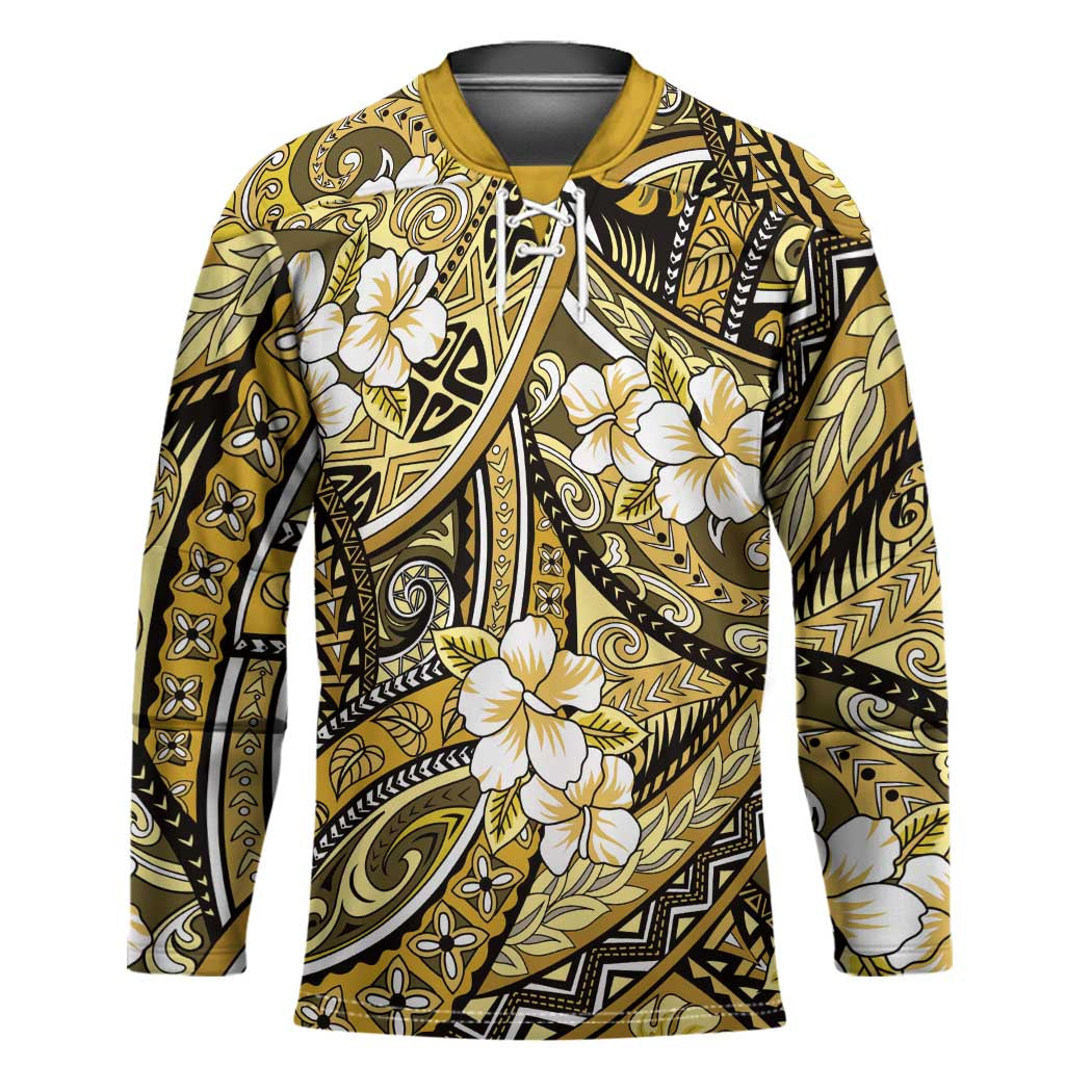 Polynesian Hibiscus Tropical Yellow Floral Hockey Jersey Tribal Pattern - Polynesian Pride