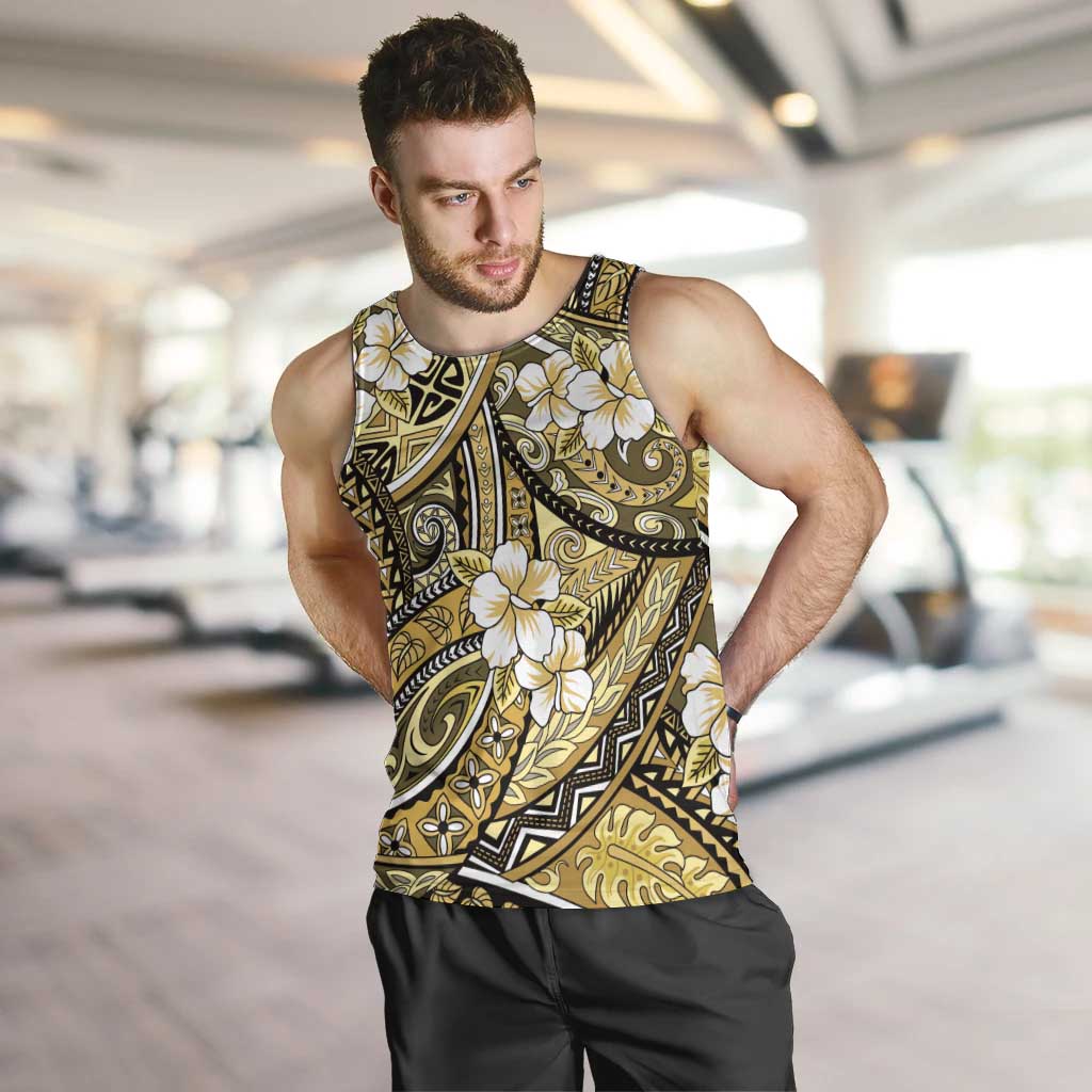 Polynesian Hibiscus Tropical Yellow Floral Men Tank Top Tribal Pattern - Polynesian Pride