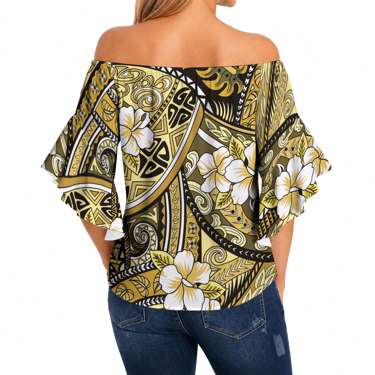 Polynesian Hibiscus Tropical Yellow Floral Off Shoulder Wrap Waist Top Tribal Pattern LT01 - Polynesian Pride