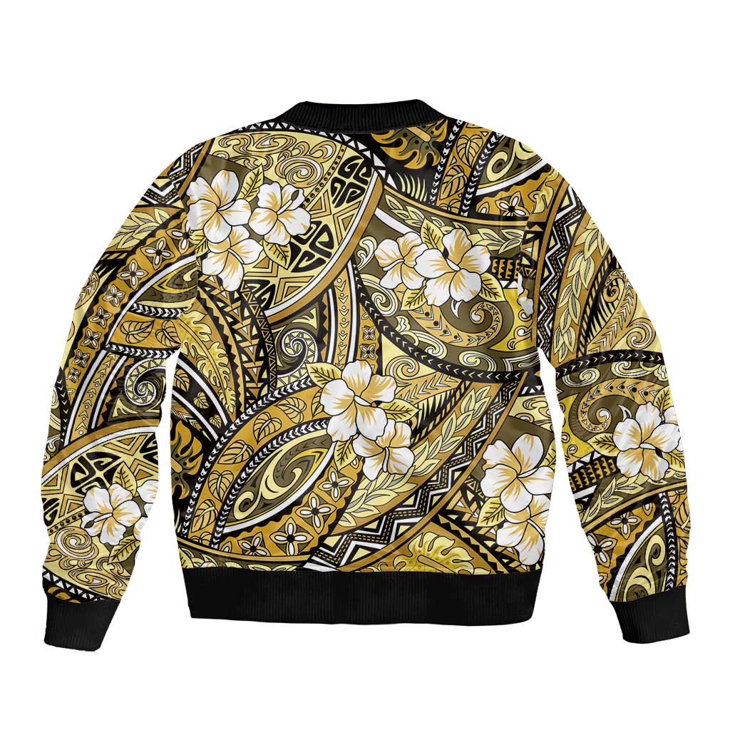 Polynesian Hibiscus Tropical Yellow Floral Sleeve Zip Bomber Jacket Tribal Pattern LT01 - Polynesian Pride