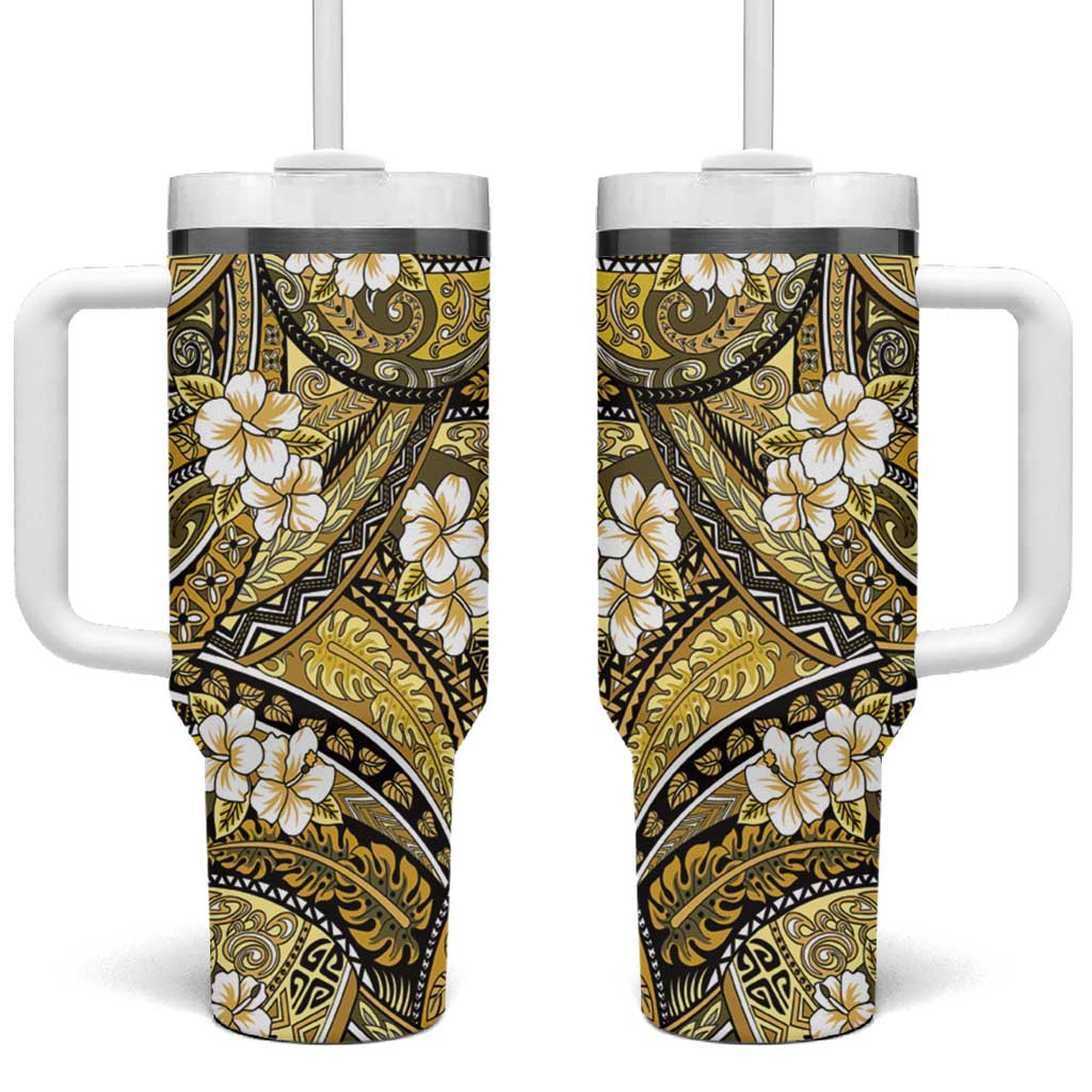 Polynesian Hibiscus Tropical Yellow Floral Tumbler With Handle Tribal Pattern LT01 One Size: 40 oz Yellow - Polynesian Pride