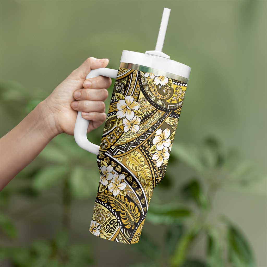 Polynesian Hibiscus Tropical Yellow Floral Tumbler With Handle Tribal Pattern LT01 - Polynesian Pride