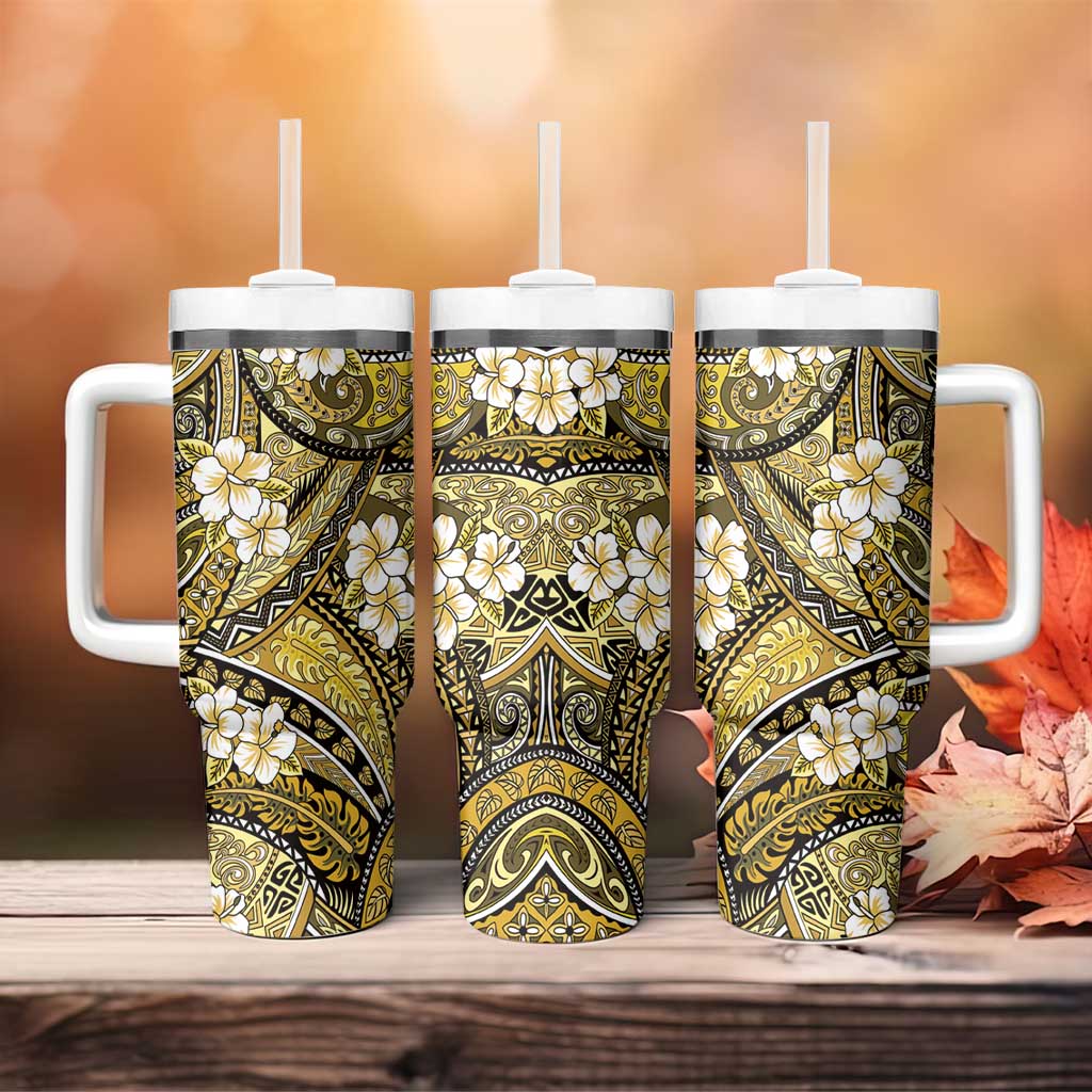 Polynesian Hibiscus Tropical Yellow Floral Tumbler With Handle Tribal Pattern LT01 - Polynesian Pride