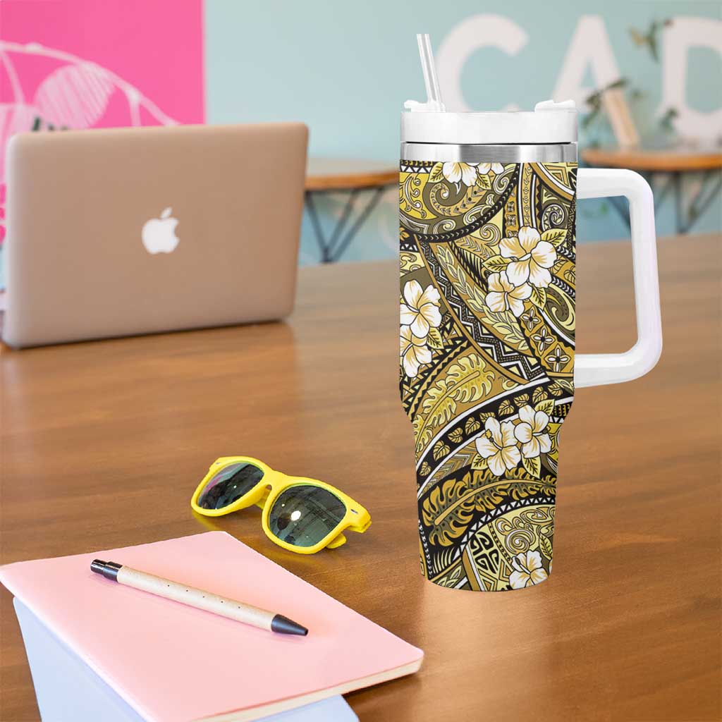 Polynesian Hibiscus Tropical Yellow Floral Tumbler With Handle Tribal Pattern LT01 - Polynesian Pride