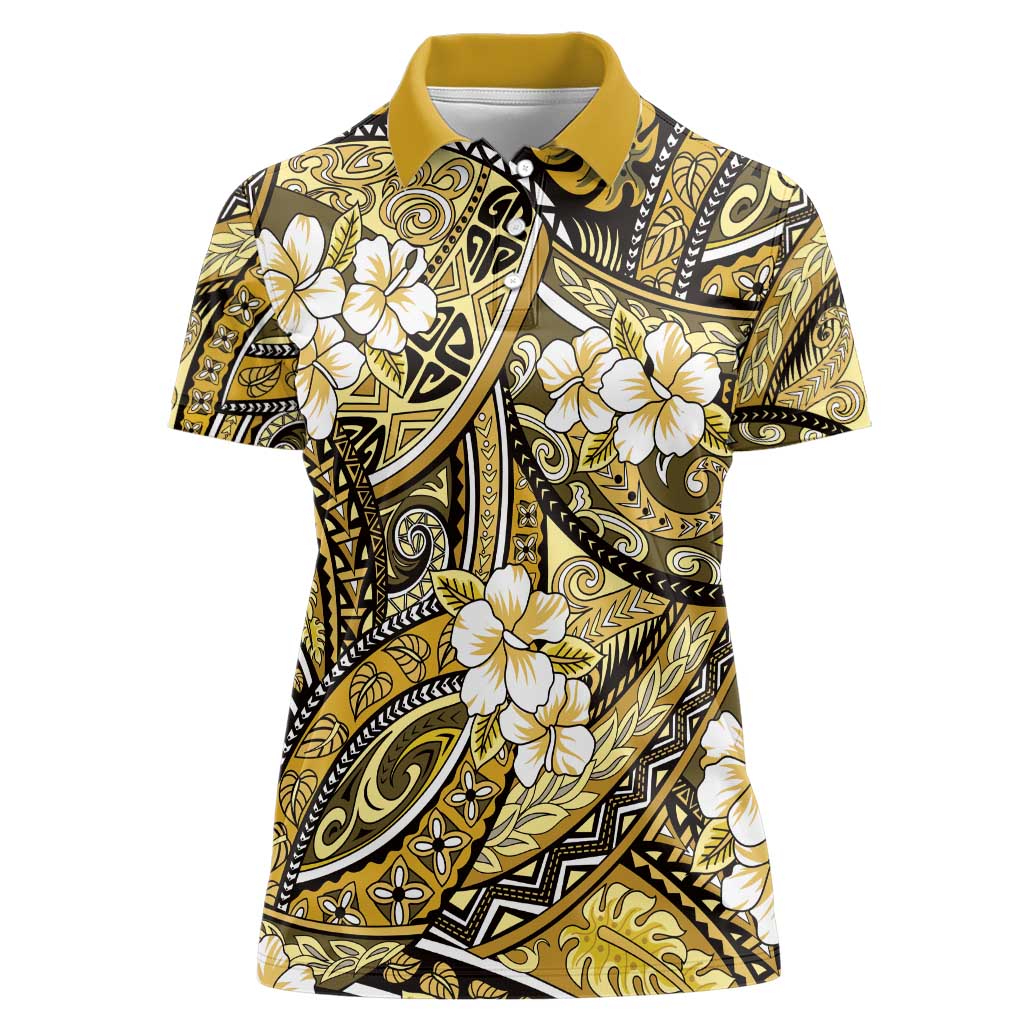 Polynesian Hibiscus Tropical Yellow Floral Women Polo Shirt Tribal Pattern - Polynesian Pride