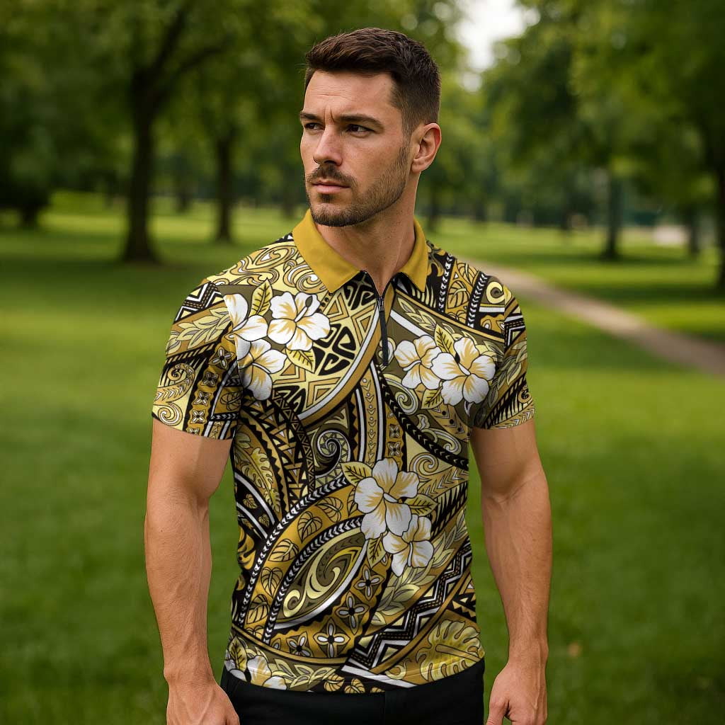 Polynesian Hibiscus Tropical Yellow Floral Zipper Polo Shirt Tribal Pattern - Polynesian Pride