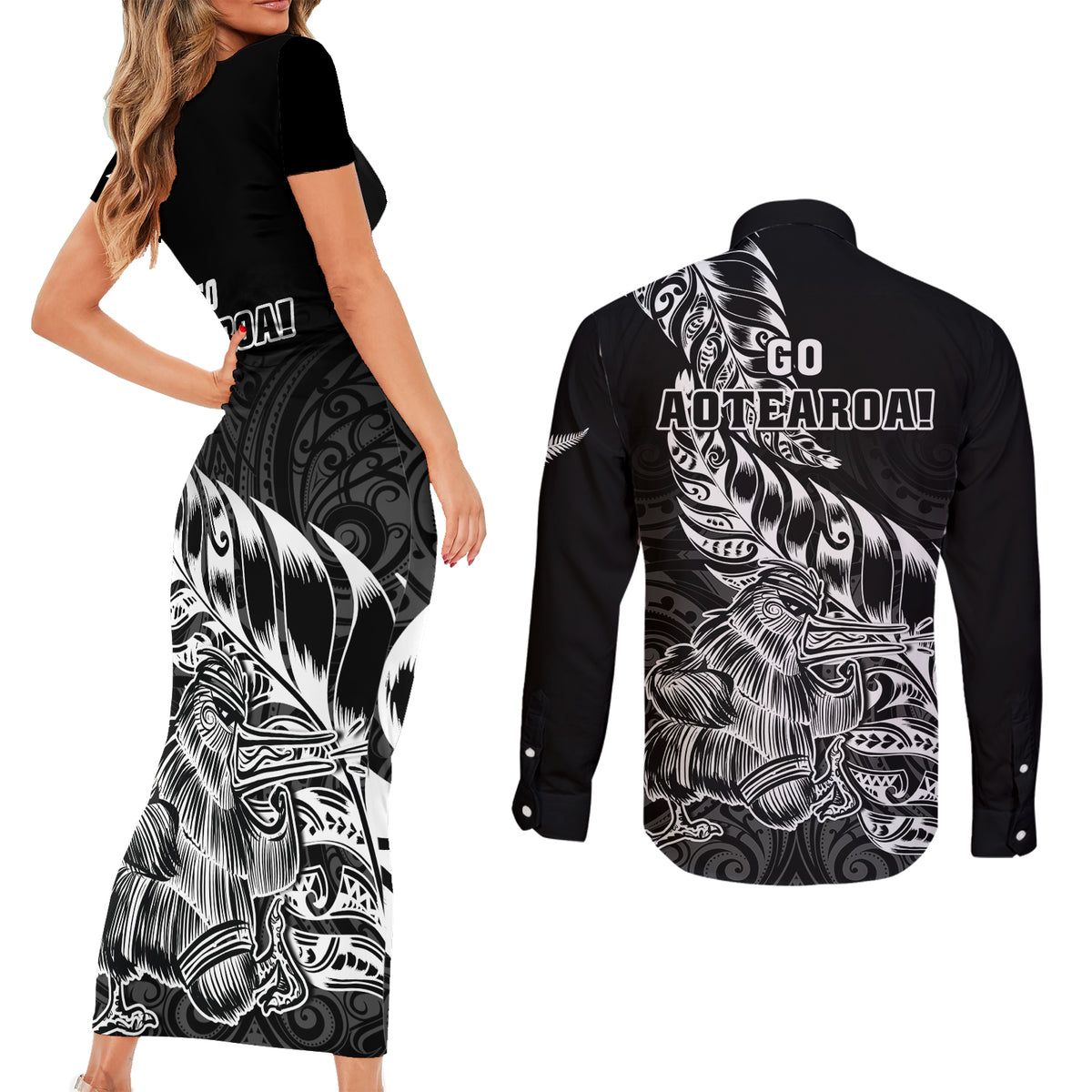 New Zealand Silver Fern Rugby Couples Matching Short Sleeve Bodycon Dress and Long Sleeve Button Shirts Aotearoa Kiwi Maori Black Version LT01 - Polynesian Pride