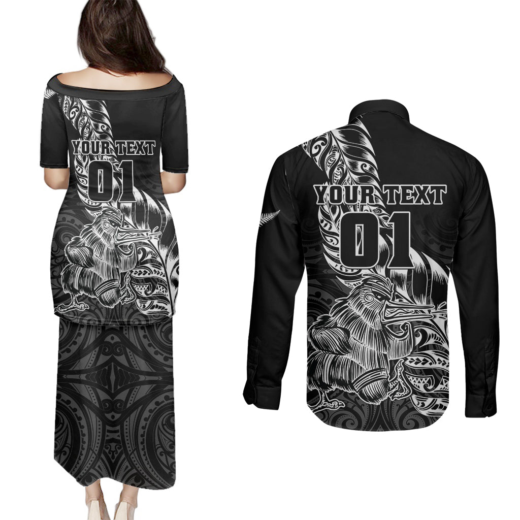 Custom New Zealand Silver Fern Rugby Couples Matching Puletasi Dress and Long Sleeve Button Shirts Aotearoa Kiwi Maori Black Version LT01 - Polynesian Pride