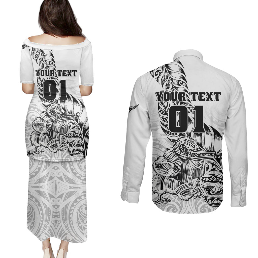 Custom New Zealand Silver Fern Rugby Couples Matching Puletasi Dress and Long Sleeve Button Shirts Aotearoa Kiwi Maori White Version LT01 - Polynesian Pride
